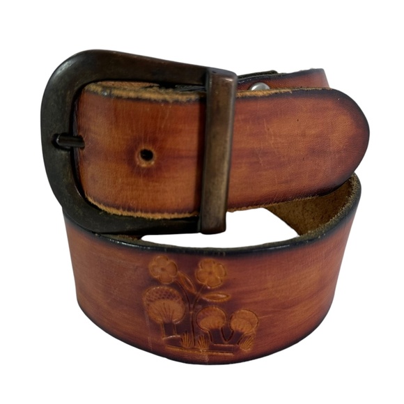 Vintage Brown Leather Mushrooms & Flowers Pattern Belt 28 Unisex main image 4
